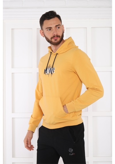 Escetic Spor Erkek Hardal Cepli, Kapüşonlu Sweatshirt-4169 Hardal