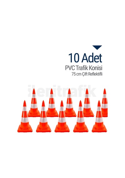 10 Adet Pvc Trafik Konisi 75 Cm Çift Reflektifli Trafik Dubası -