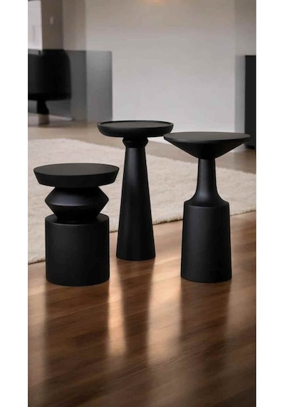 Ahşap Mantar Sehpa 3 Lü Set Siyah Masif Doğal Yan Sehpa Ve Zigon Takımı - Mushroom Coffee Table Siyah