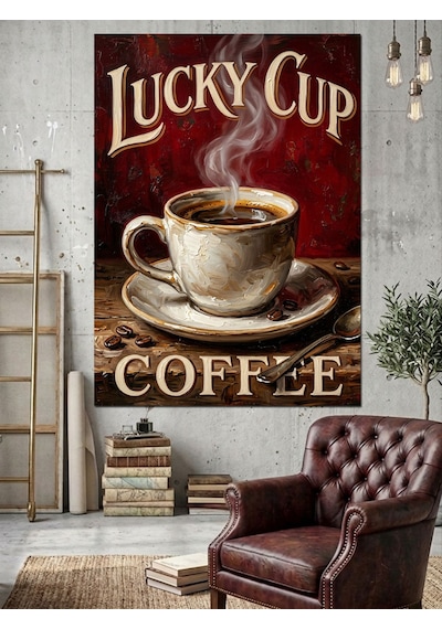 Lucky Cup Buharlı Kahve Afişi Dekoratif Kanvas - Mdf Ahşap Tablo
