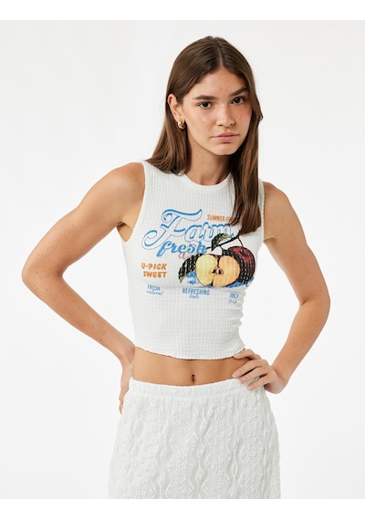 Koton Meyve Baskılı Kolsuz Slim Fit Bisiklet Yaka Crop Bluz Ekru 5sal30130ık Ekru