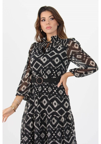 Neşeli Butik Kadıın Yeni Sezon Midi Boy Desenli Şifon Elbise Apcx06 Siyah