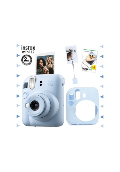 Fujifilm Instax Mini 12 Fotoğraf Makinesi + 20'li Film + Kıskaçlı Resim Standı + Silikon Kılıf Seti Mavi