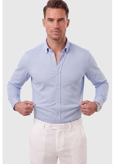 Rizzup Erkek %97 Pamuk Slim Fit Dar Kesim Petek Dokulu Likralı Örme Mavi Gömlek 2600707