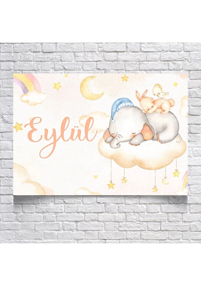 Bulutlar Üstünde Uyuyan Fil Temalı Doğum Günü Afişi 50x70 Cm