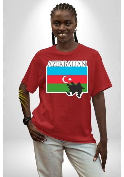 Azerbeycan Bayrak Ülke Pamuklu Bisiklet Yaka Unisex Oversize Boyfriend Dijital Baskılı Kırmızı T-shirt Kırmızı