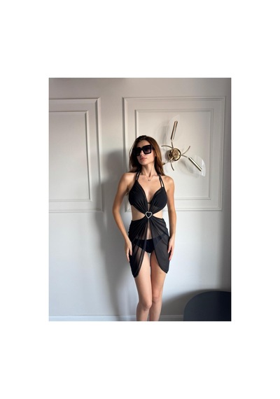 Gugus 3-lü Bikini Takımı / Kalpli Pareo + Alt Bikini + Üst Bikini Siyah