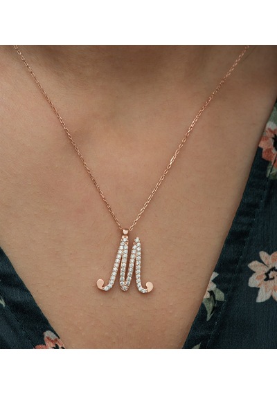 925 Ayar M Harfi Kolye Kadın Gümüş Kolye Rose Gold