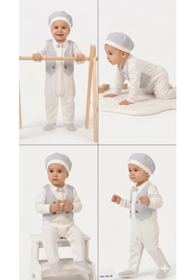 Veraura Lifestyle 3/12 Ay Şapkalı Sahte Yelekli Bebek Tulumu Beyaz