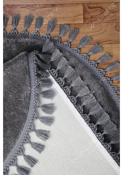 Vl Yuvarlak Comfort Düz Saçaklı Peluş Antrasit Yolluk Halı Oval Antrasit Ponpon Saçak