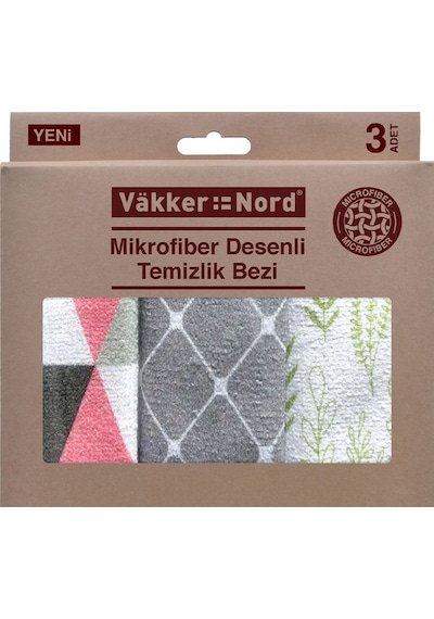 Vakker Nord Mikrofiber Desenli Temizlik Bezi 3'lü 2 Adet Çok Renkli