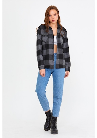 Tarz Cool Kadın Füme-siyah Slim Fit Cepli Ekoseli Oduncu Gömlek-kkkodg001r03s Füme-siyah