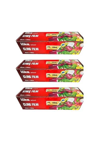 İlka Şeffaf Mutfak Rulo Streç Film Folyo - 45 Cm. X 500 Metre - Gıdaya Uygun - 3 Paket
