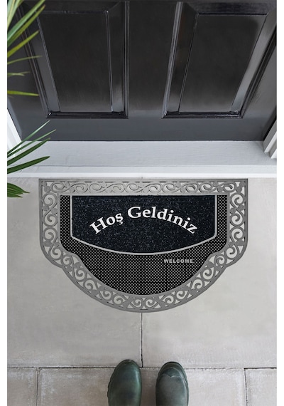 Dekoratif Dış Kapı Yıkanabilir Toz Alıcı Halı Kapı Önü Paspası Hoş Geldiniz Yazılır Gümüş