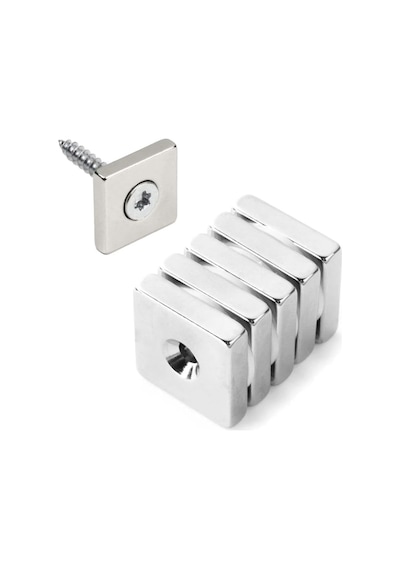 Dünya Magnet 5 Adet, Havşa Delikli, Neodyum Mıknatıs, 20x20x5 Mm, D:10/5 Mm, Köşeli, Güçlü Magnet, N35 Kalite