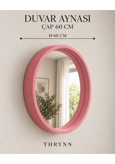 Dekoratif Duvar Aynası Yuvarlak Çerçeveli 60cm Pembe Şifonyer Ve Makyaj Masası Üstü