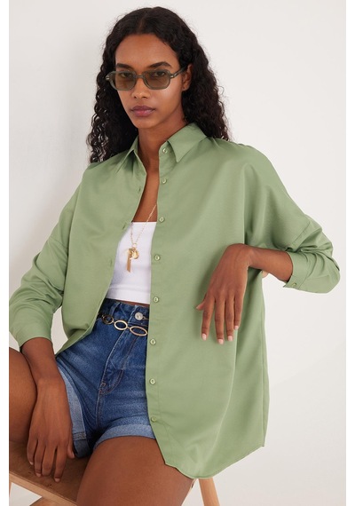 Tudors Kadın Oversize Rahat Kesim Spor Yaka Uzun Kollu Basic Düz Mint Gömlek-36878 Mint