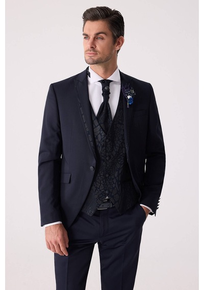 Ysf Erkek Lacivert Çıkma Şal Yaka Slim Fit Damatlık
