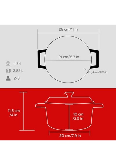 Metal Döküm Yuvarlak Tencere, 20 Cm, Kırmızı Çok Renkli