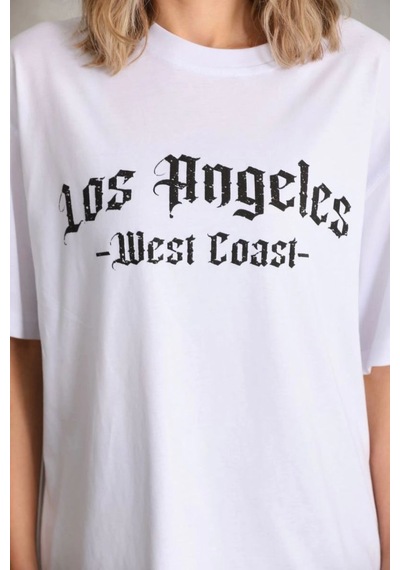 Kadın Baskılı Tişört Kısa Kol Bisiklet Yaka Oversize T-shirt - Beyaz