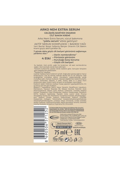 Arko Nem Extra Serum Barrier Boost Gelişmiş Cilt Bariyer Onarımı & Derin Nemlendirici Krem 3x75 Ml