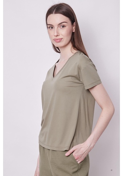 Jument Kadın V Yaka Kısa Kol Likralı Span Kumaş Şık T-shirt Bluz-haki Haki
