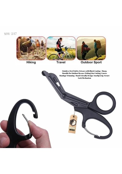 Taktik Süper Kesici Medikal Outdoor Askeri Av Tipi Karabinalı Makas Siyah Mw247