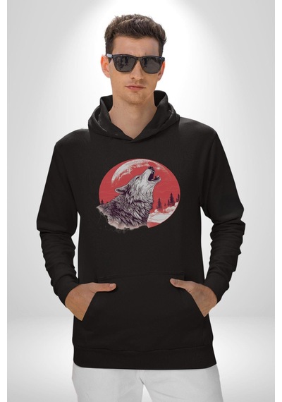 Uluyan Beyaz Kurt Kadın Erkek Siyah Kapüşonlu Sweatshirt Hoodie Siyah