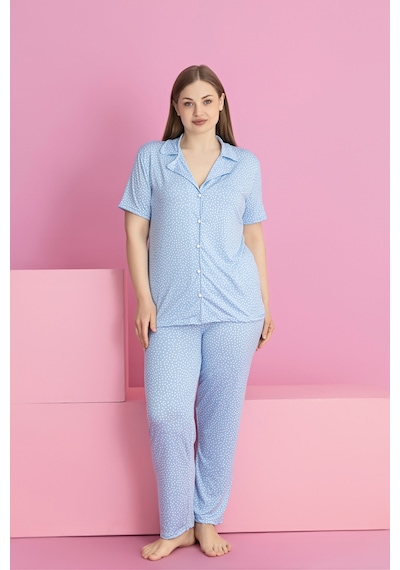 Rindahomewear Büyük Beden Mavı Puantıye Desen Milan Düğmeli Pijama Takımı Mavi