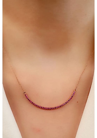 Fuşya Pembe Zirkon Taşlı Gümüş Rose Yay Kolye
