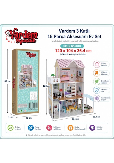 Vardem 3 Katlı 15 Parça Aksesuarlı Ev Seti, 120 X 104 X 36,4 Cm Büyük Oyun Evi, Mobilyalı Ve Aksesuarlı Çocuk Evcilik Oyuncak Seti, Bebek Evi Ve Rol Yapma Oyuncağı Tx1195 Abanoz - Beyaz Vardem 3 Katlı 15 Parça Aksesuarlı Ev Seti, 120 X 104 X 36,4 Cm Büyük Oyun Evi, Mobilyalı Ve Aksesuarlı Çocuk Evcilik Oyuncak Seti, Bebek Evi Ve Rol Yapma Oyuncağı Tx1195 Abanoz - Beyaz