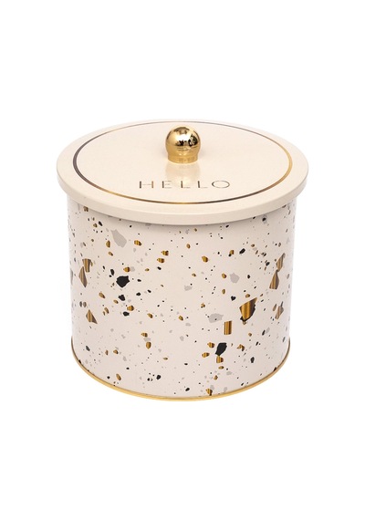 Terrazzo Cream Desenli Topuz Kulplu Yuvarlak Metal Saklama Kabı 17.5 x 15.5 CM 3.5 L Çok Renkli