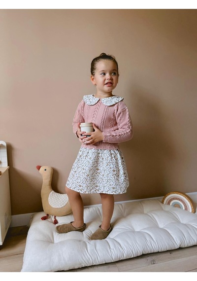 Yeni Sezon Kız Çocuk Çiçek Detaylı Bebe Yaka Triko Süveter Aplikeli Tek Parçalı Elbise Somon