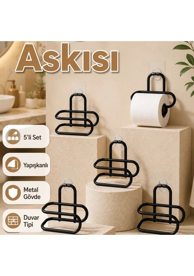 5 Li Siyah Metal Yapışkanlı Tuvalet Kağıdı Tutucu Duvar Tipi Wc Askısı Renkli
