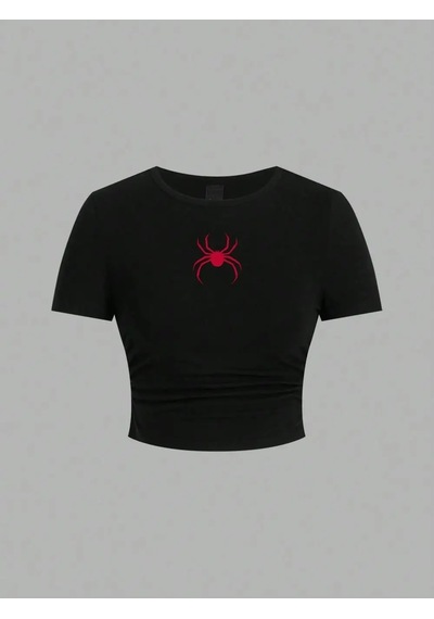 Tarzsokak Basit Kırmızı Örümcek Baskı Kırpma Üstleri Yaz Sokak Moda Kadın Slim-fit T-shirt Rahat Yumuşa Siyah