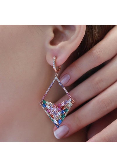 Renkli Baget Taşlı Rose Gold Kaplama Gümüş Küpe Gümüş