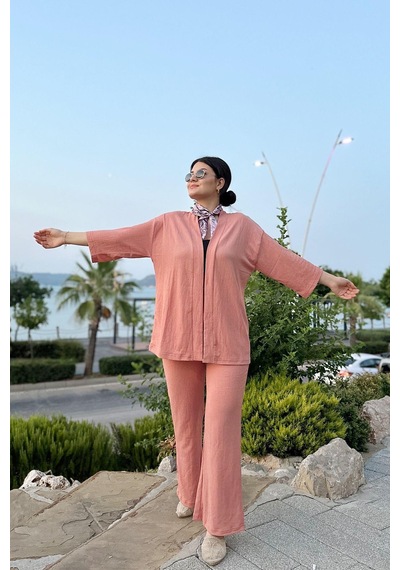 İpli Somon Renk Cep Detaylı Bol Paça Kimono Takım Somon