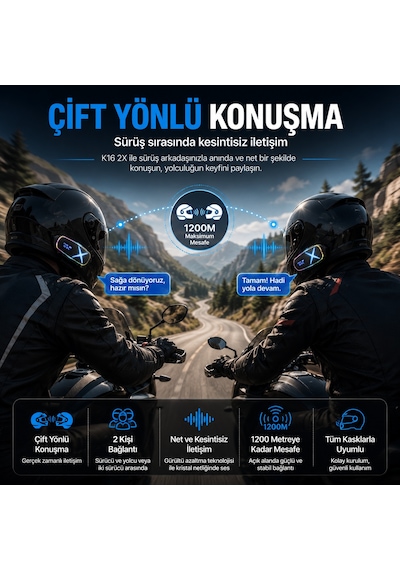 K16 2x Bluetooth Motosiklet Kask Interkomu Bluetooth 6.0 Çift Yönlü Konuşma Müzik Dinleme Telefon Görüşmesi Type-c Şarjlı