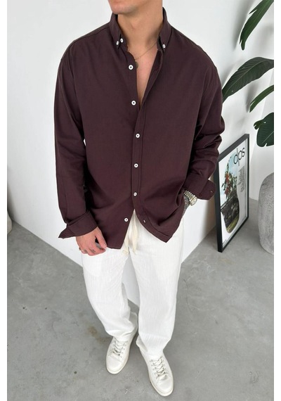 Kahverengi Oversize Fresh Keten Gömlek Kahverengi Kahverengi Oversize Fresh Keten Gömlek Kahverengi