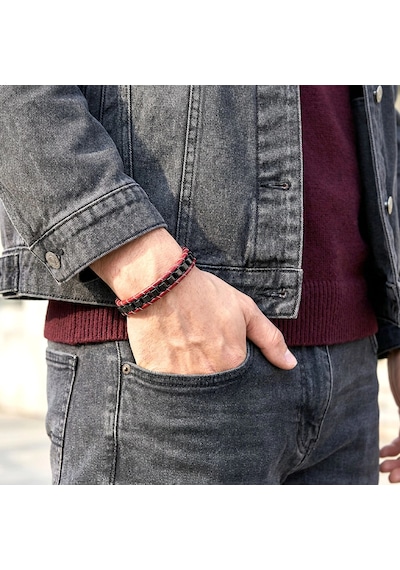 Moncuk Design Siyah Çelik Zincir Örgülü Ve Kırmızı Deri Erkek Bileklik 33514b24d2 Çok Renkli