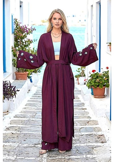 Veraura Lifestyle Bordo Mavi Boncuk Kimono Pantolon Takım
