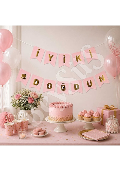 İyiki Doğdun Banner Pembe - Gold Tüm Yaşlar