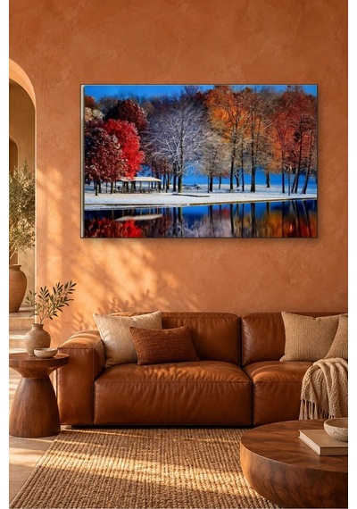 Fida Karla Örtülü Göl Kıyısında Kızıl Ağaçlar Canvas Tablo Çok Renkli
