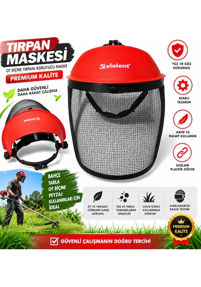 Tırpan Maskesi Kırmızı Renk Premium Ot Biçme Tırpanı Koruyucu Maske Plastik Ayarlı Maske