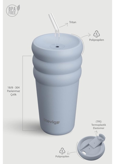 Stevig 3 Bubble Two-cap Straw Tumbler Çelik Termos 600 Ml Zen Blue St-246 Mavi