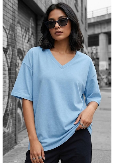 Zey Oversize V Yaka Basic Kadın Tişört - Düşük Omuzlu Salaş Kesim Turkuaz