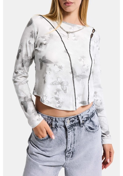 Itsbasic Kadın Beyaz W5 Baskılı Özel Elastan Kumaş Kolye Aksesuarlı Tasarım Body