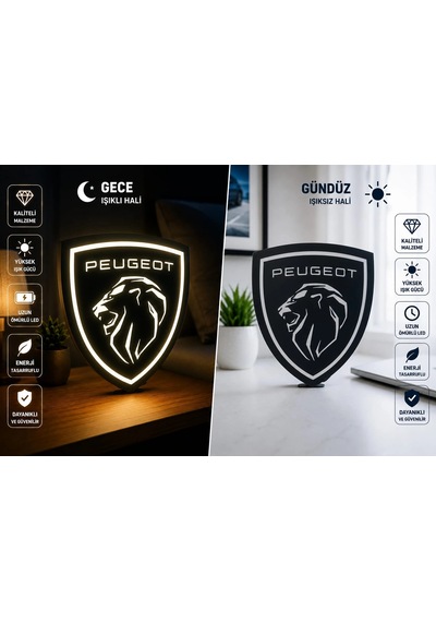 Peugeot Masa Lambası , Peugeot Logolu Led Işıklı Masa Lambası , Peugeot Gündüz Gece Masa Lambası Siyah