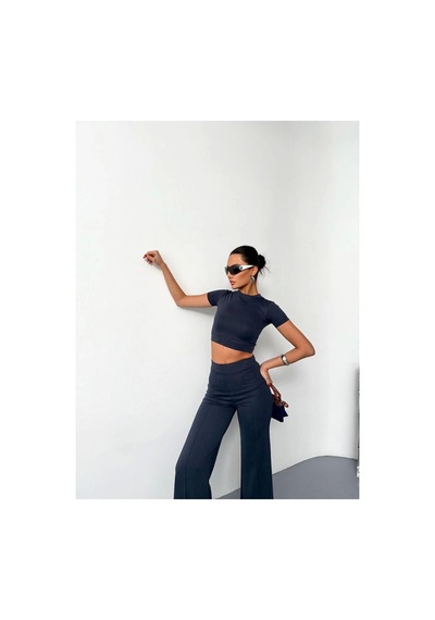 Butik İstanbul Osy Modal Yumuşak Dokulu Kumaş Kısa Kollu Crop Alt Ispanyol Paça Pantalon Ikili Takım - Füme