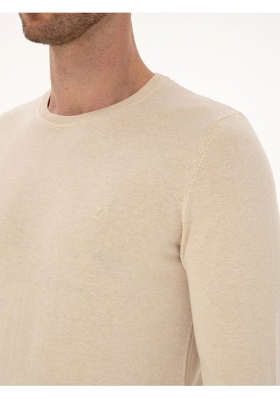 Cacharel Bej Slim Fit Pamuk Karışımlı Bisiklet Yaka Basic Triko Kazak